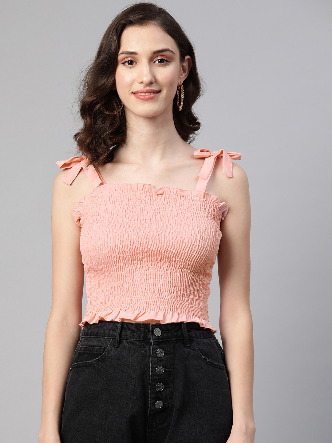 VARUSHKA Pink Smocked Crepe Crop Top
