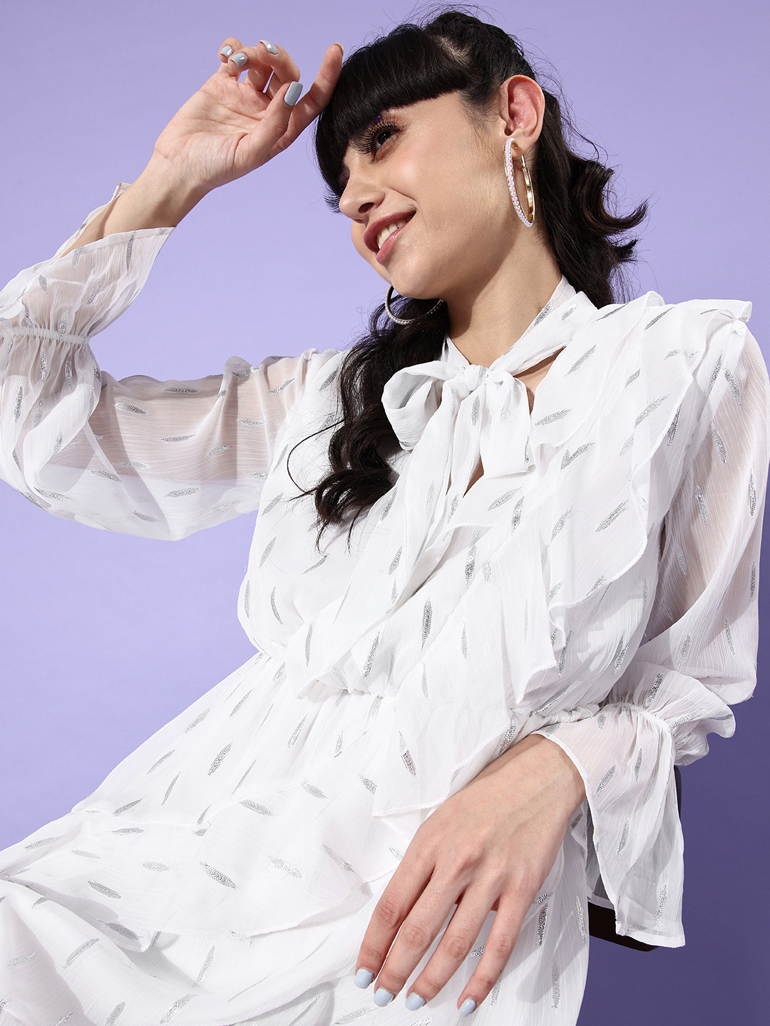 EVERYDAY by ANI White Tie-Up Neck Chiffon Mini Dress