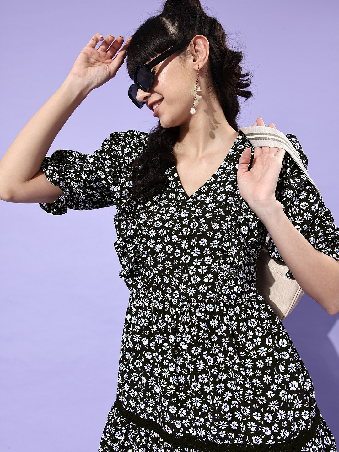EVERYDAY by ANI Black & White Floral Crepe Midi Dress
