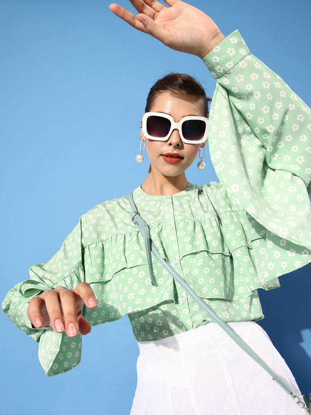 EVERYDAY by ANI Women Sea Green Floral Feminine Frills Shirt