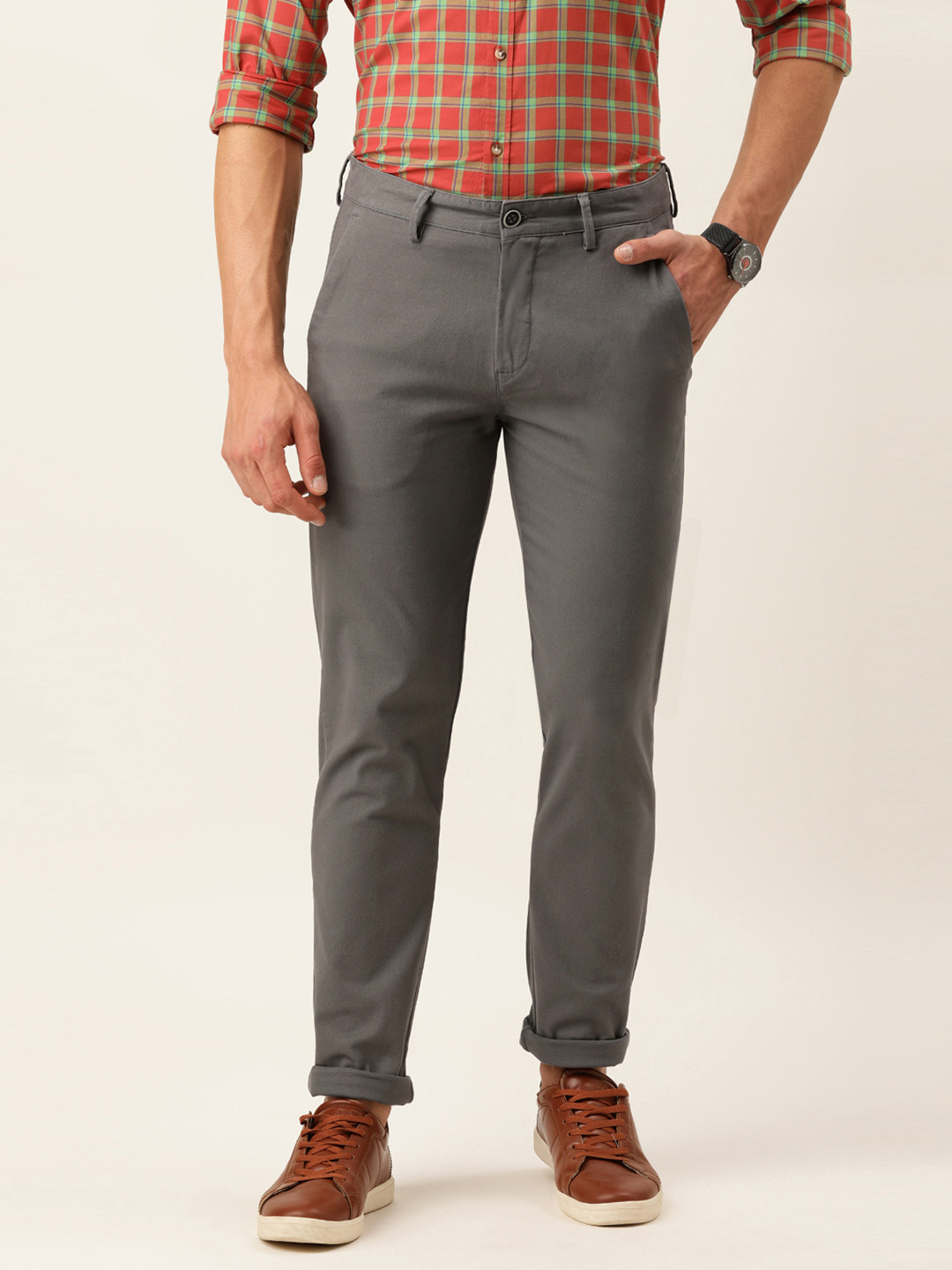 Peter England Men Grey Super Slim Fit Chino Trousers