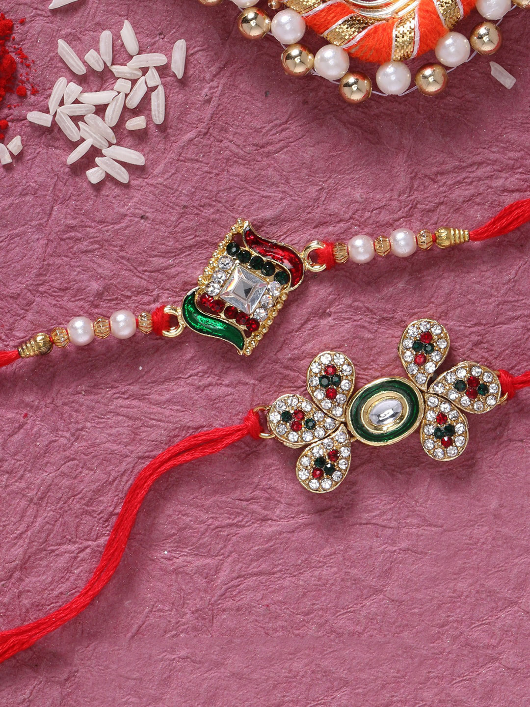 LIVE EVIL Set of 2 Gold-Plated Jaipuri Beads Studded Rakhi