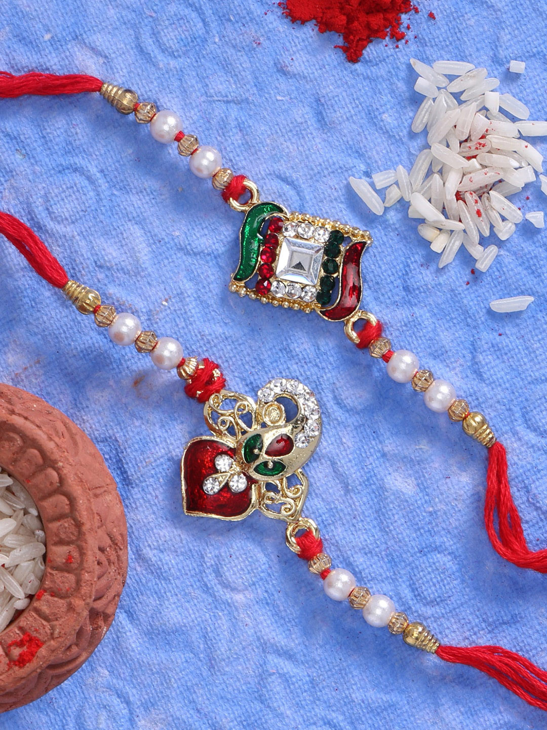 LIVE EVIL Set of 2 Gold-Plated Maroon & Green Meenakari Rakhi