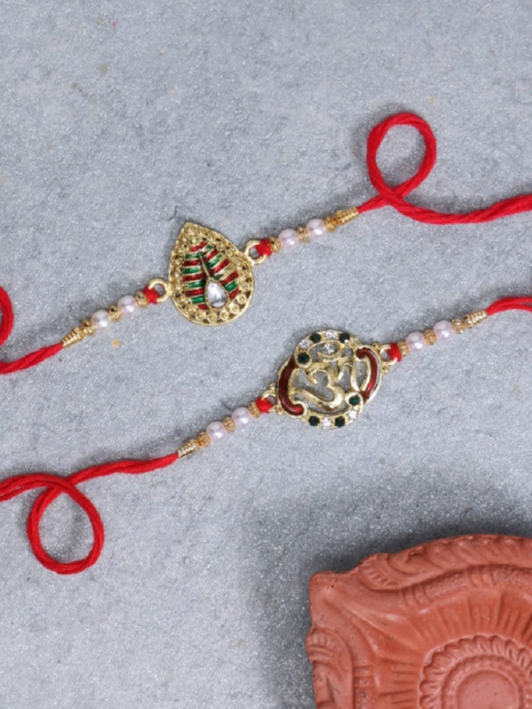 LIVE EVIL Set of 2 Red Gold-Plated Jaipuri Beads Studded Rakhi