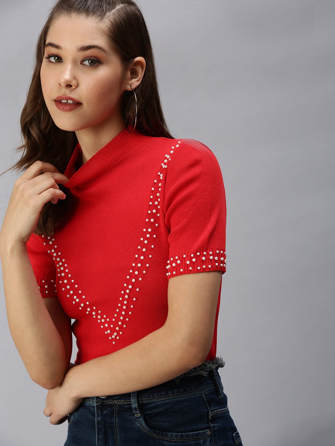SHOWOFFFF Red Geometric Studded Crop Top