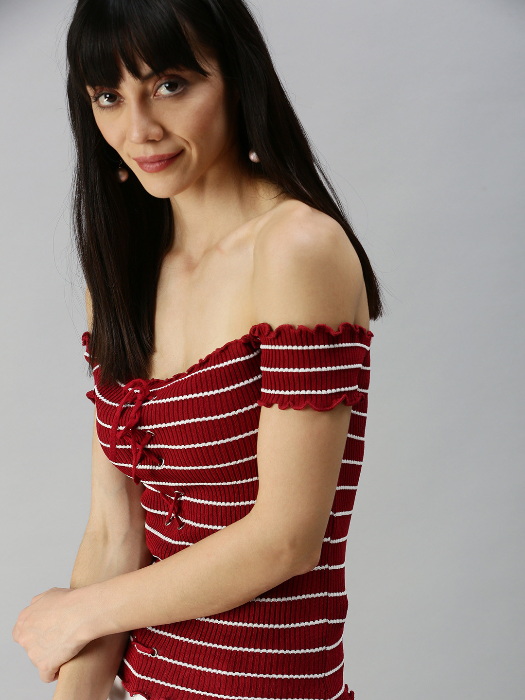 SHOWOFF Maroon Striped Off-Shoulder Bardot Crop Top