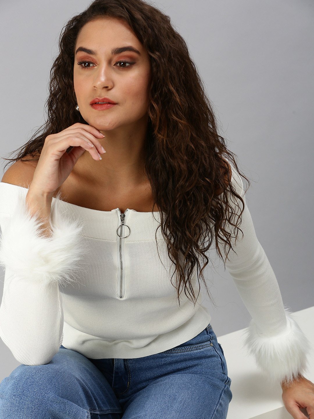 SHOWOFF White Off-Shoulder Bardot Crop Top