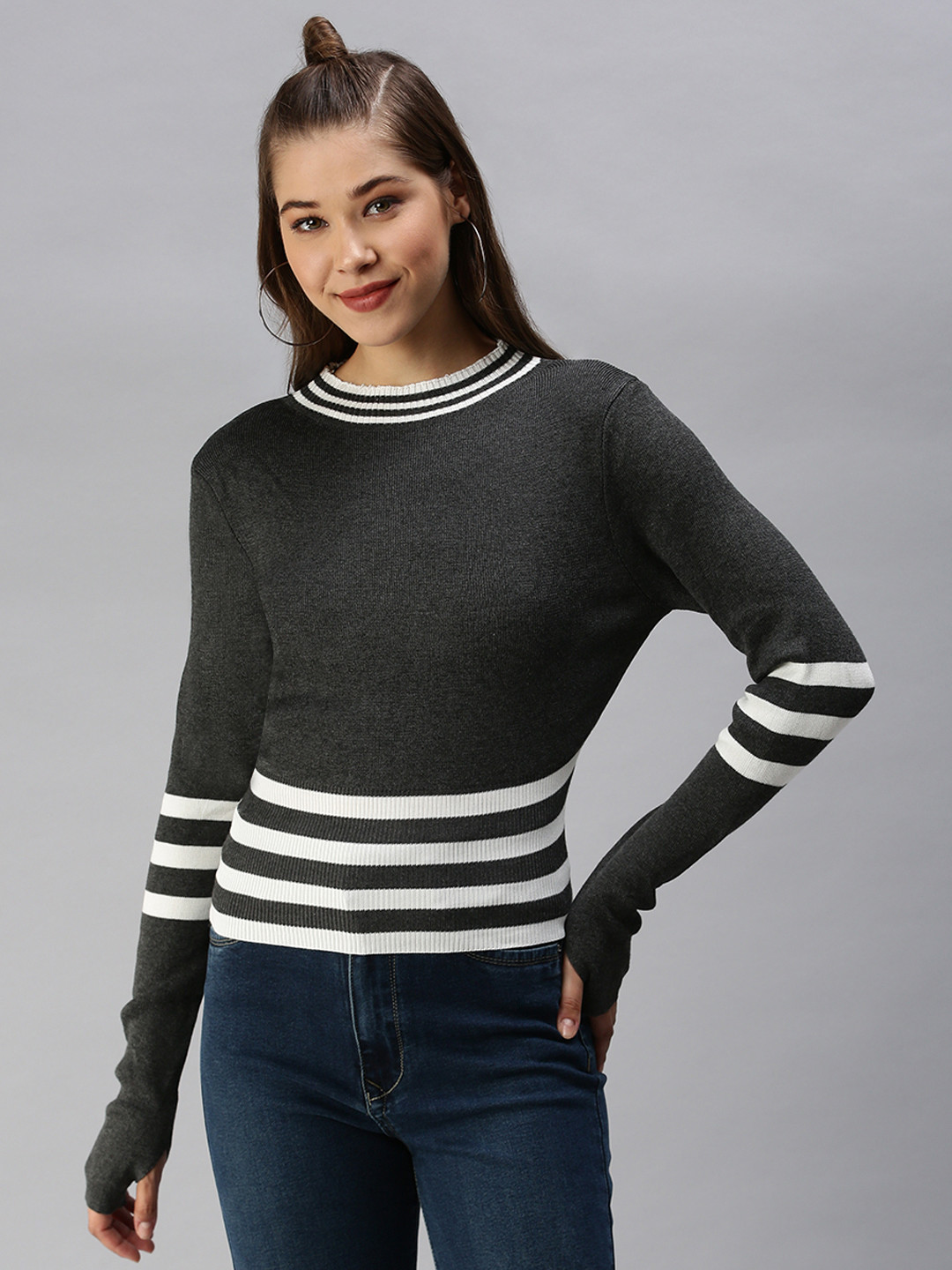 SHOWOFF Grey Striped Top