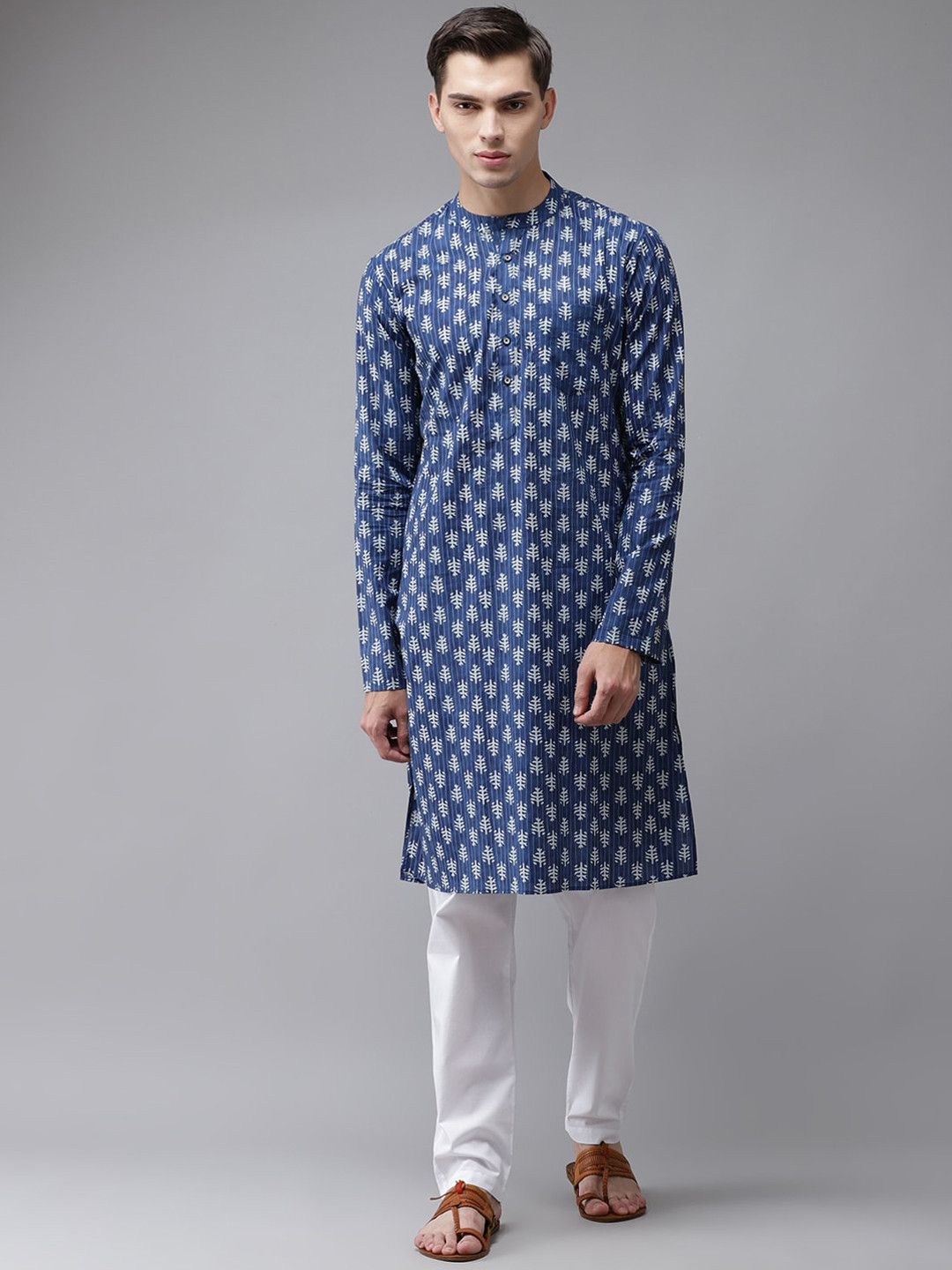 See Designs Men Blue Angrakha Pure Cotton Kurta with Pyjamas