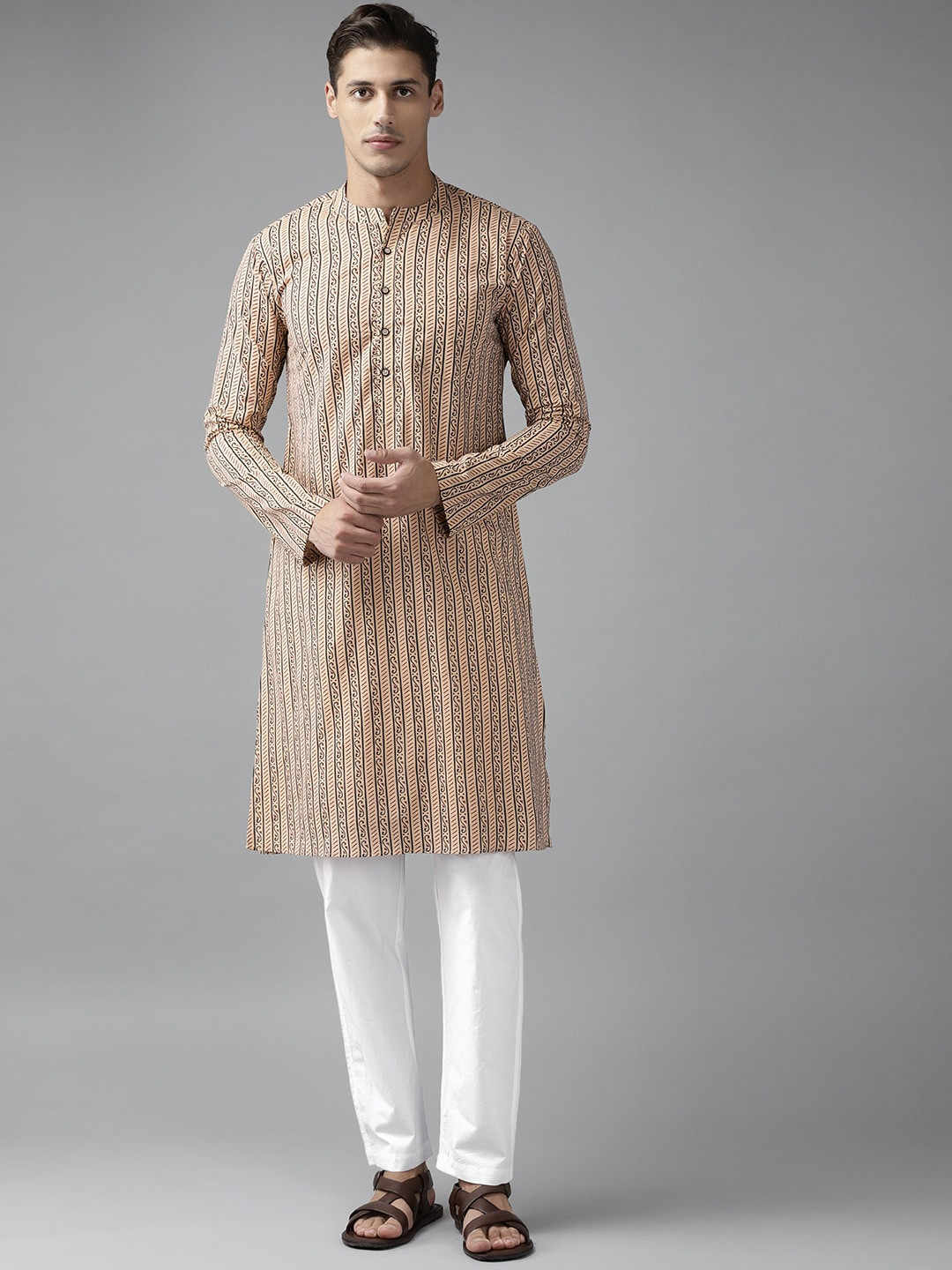 See Designs Men Multicoloured Printed Angrakha Pure Cotton Kurta with Pyjamas