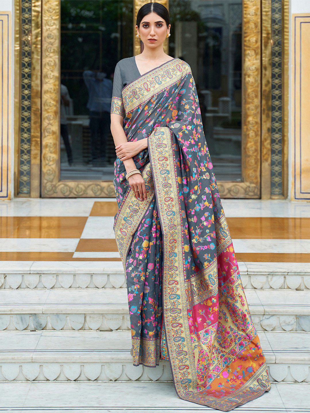 Mitera Grey & Pink Floral Silk Blend Banarasi Saree