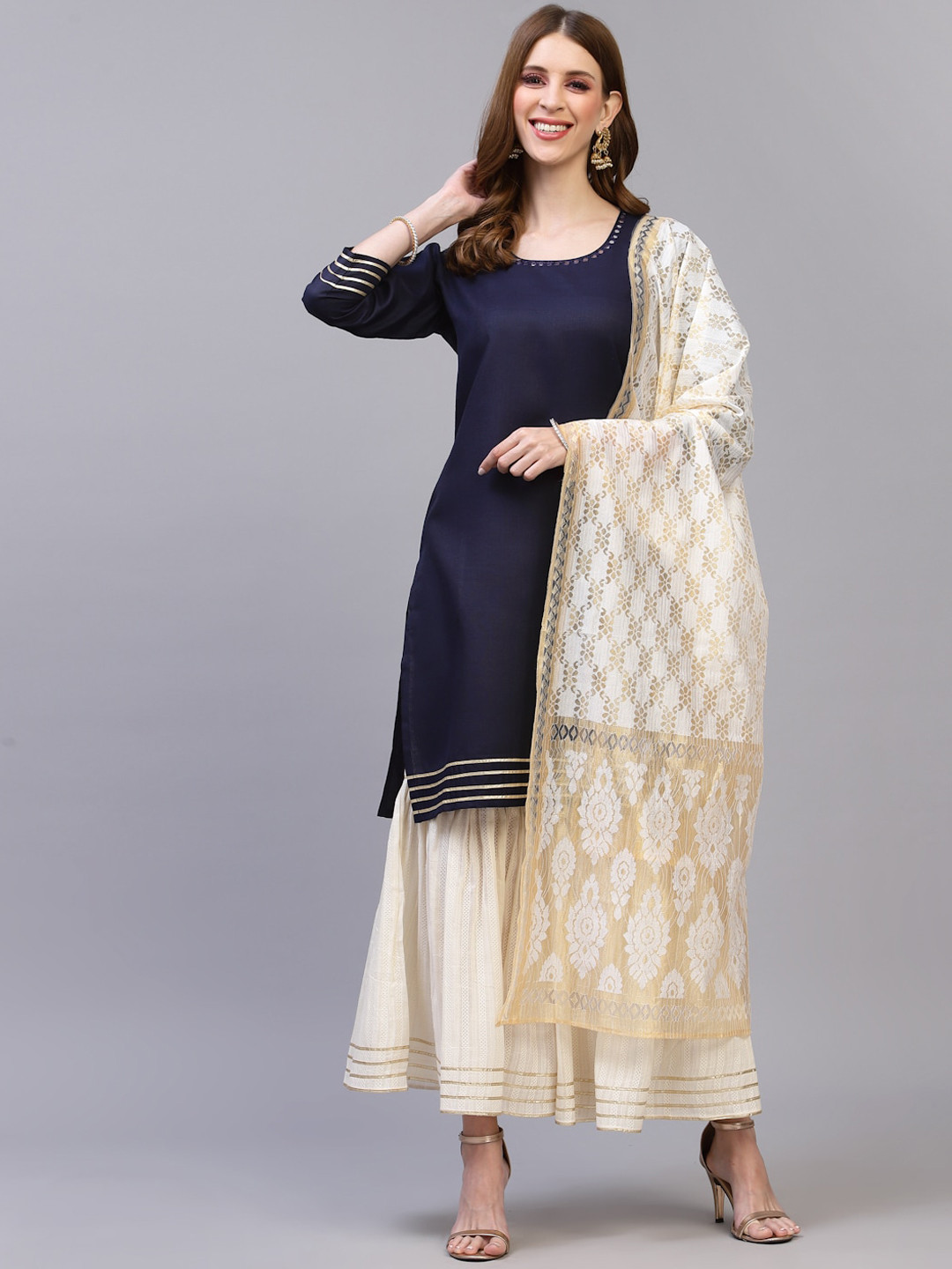 SERONA FABRICS Women Blue Pleated Kurti with Sharara & With Dupatta