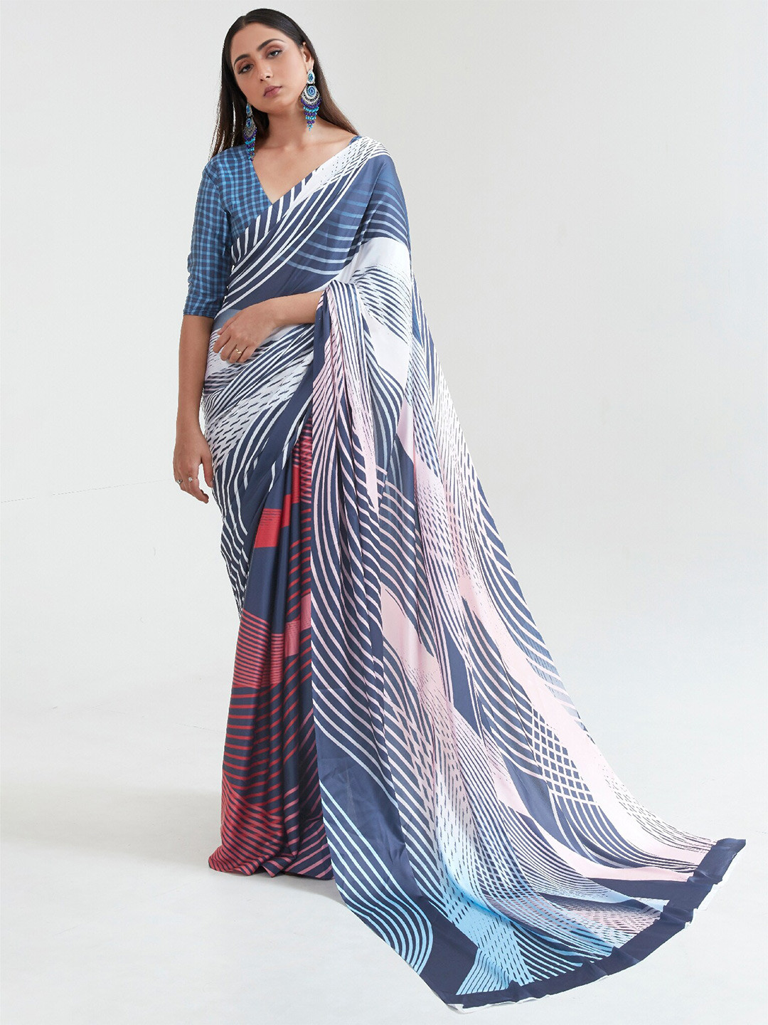 Mitera Pink & Blue Printed Satin Saree