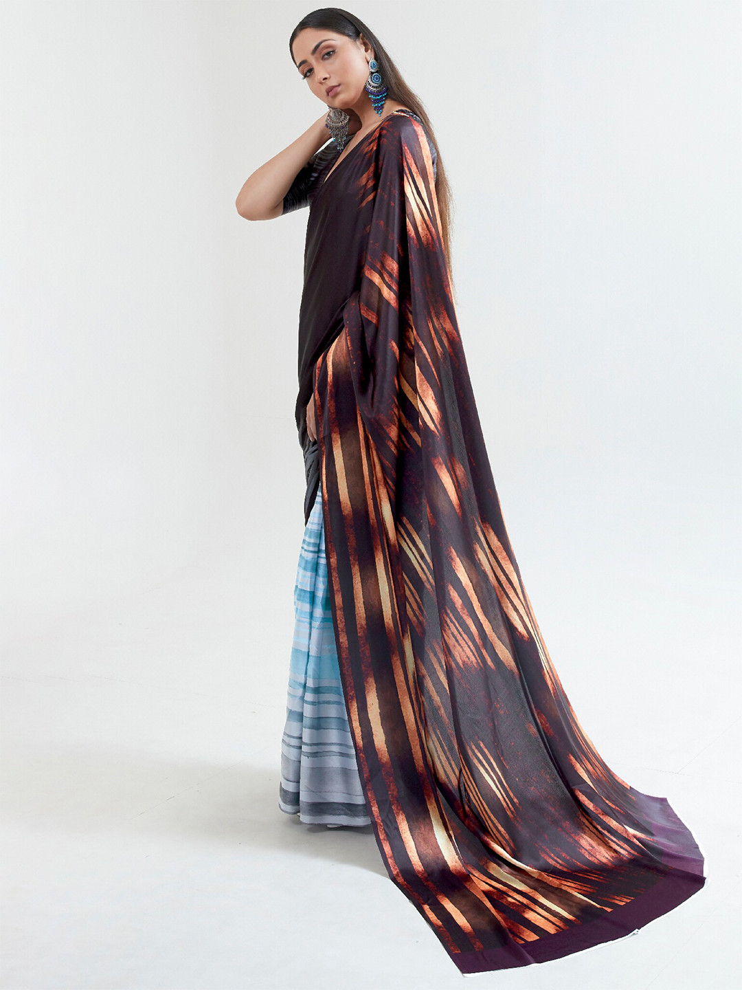 Mitera Brown & Black Leheriya Satin Saree