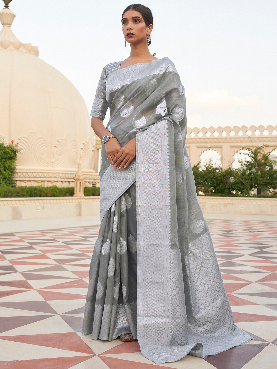 Mitera Grey & Silver-Toned Floral Zari Pure Linen Banarasi Saree