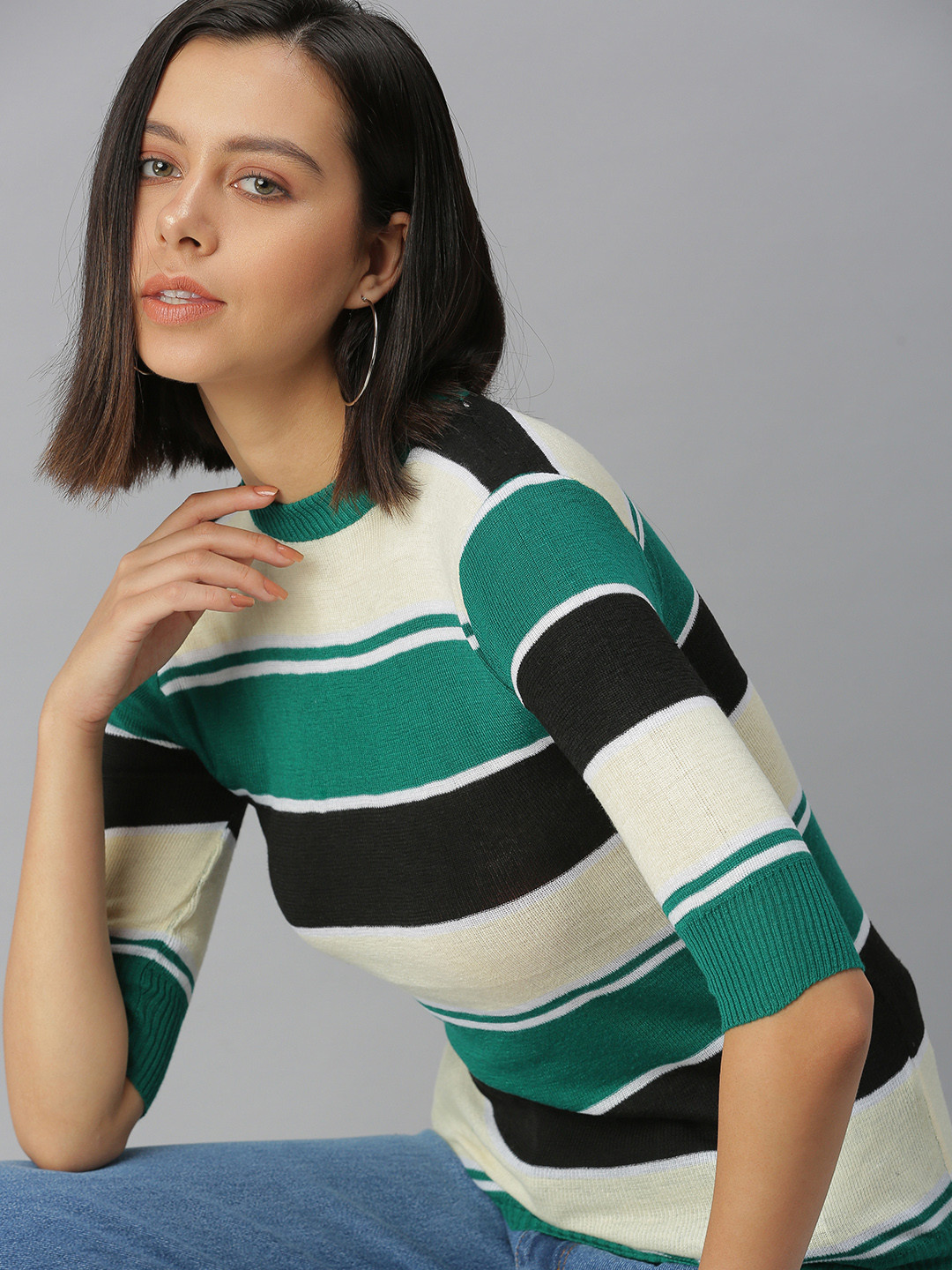 SHOWOFF Green & pastel parchment Striped Top