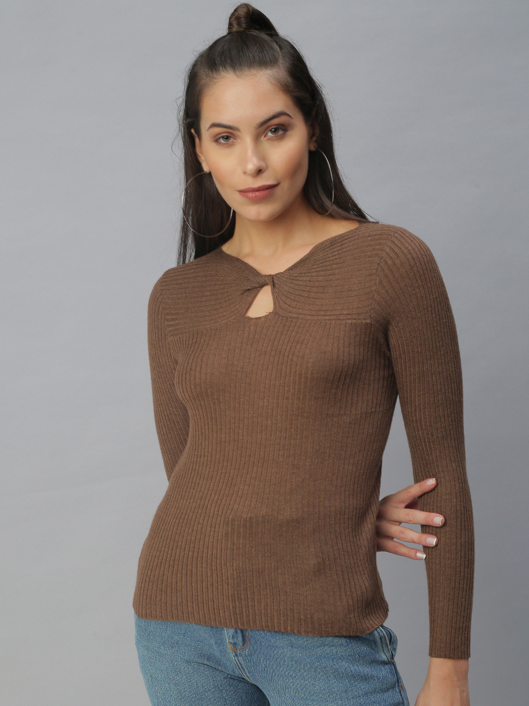 SHOWOFF Brown & dark brown tangelo Keyhole Neck Twisted Top