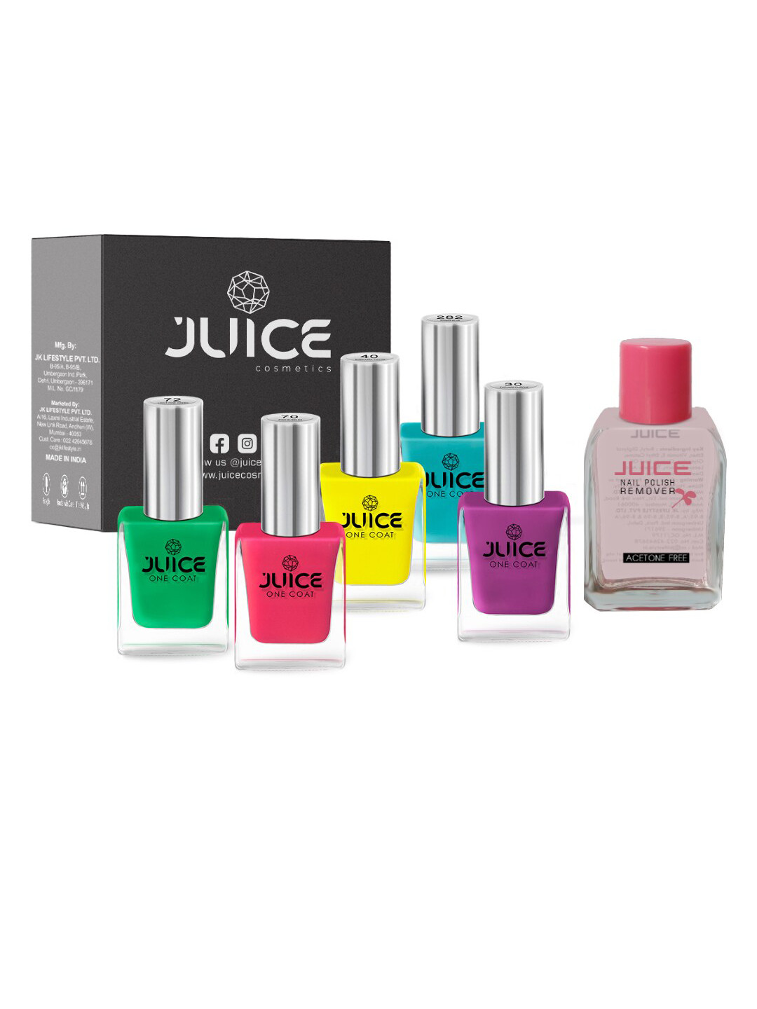 JUICE Set of 5 One Coat Nail Polishes with Nail Polish Remover