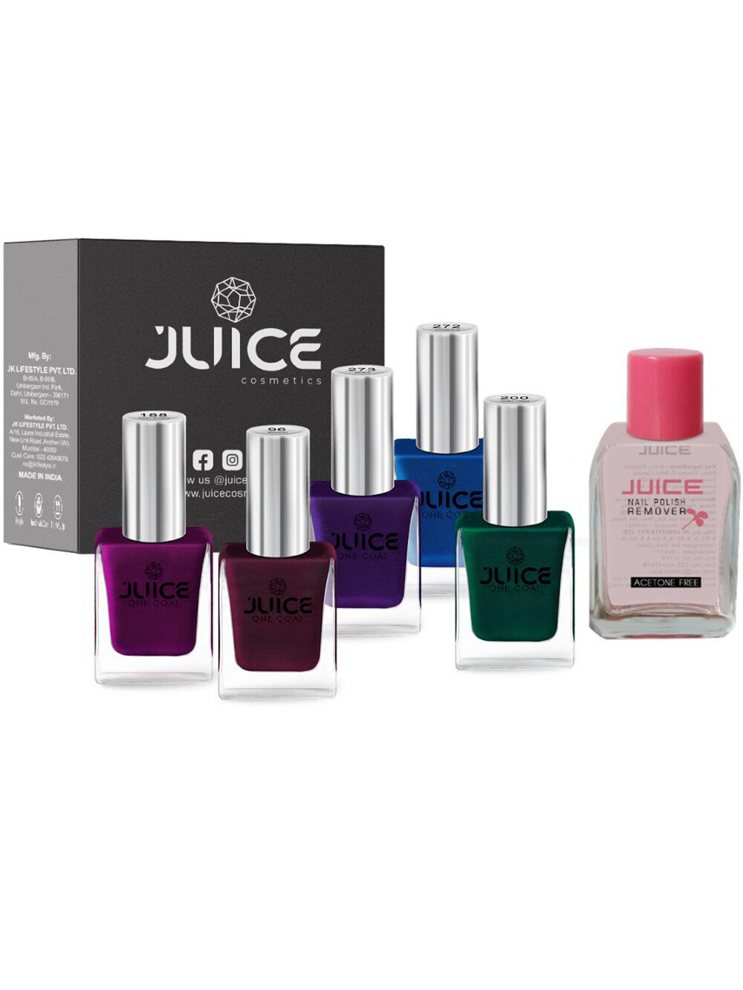 JUICE Set of 5 One Coat Nail Polishes with Nail Polish Remover