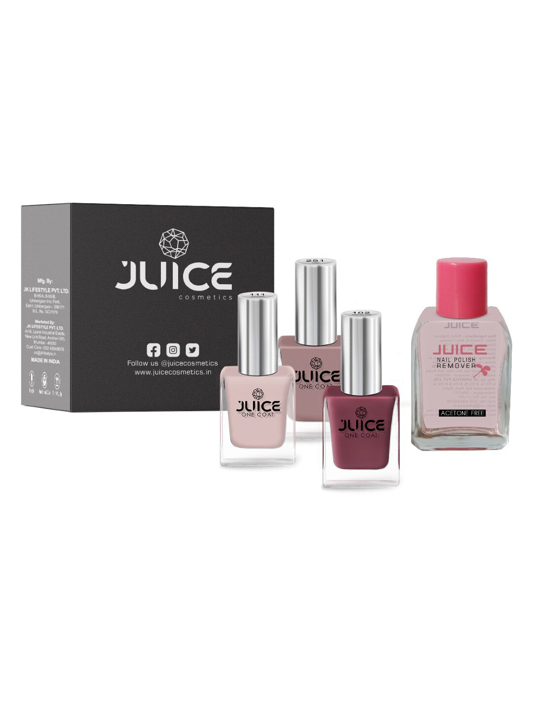 JUICE Set of 3 One Coat Nail Polishes with Nail Polish Remover