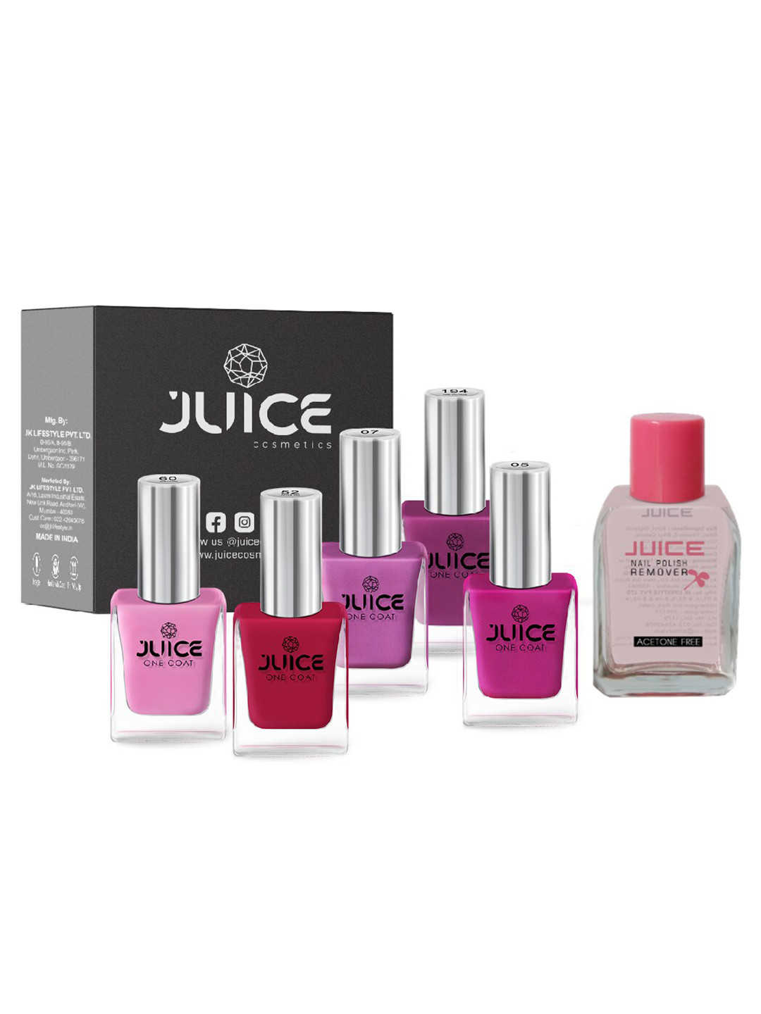 JUICE Set of 5 One Coat Nail Polishes with Nail Polish Remover