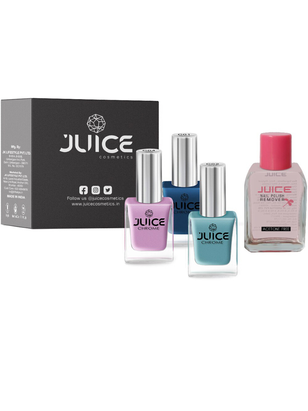 JUICE Set of 3 One Coat Nail Polishes with Nail Polish Remover