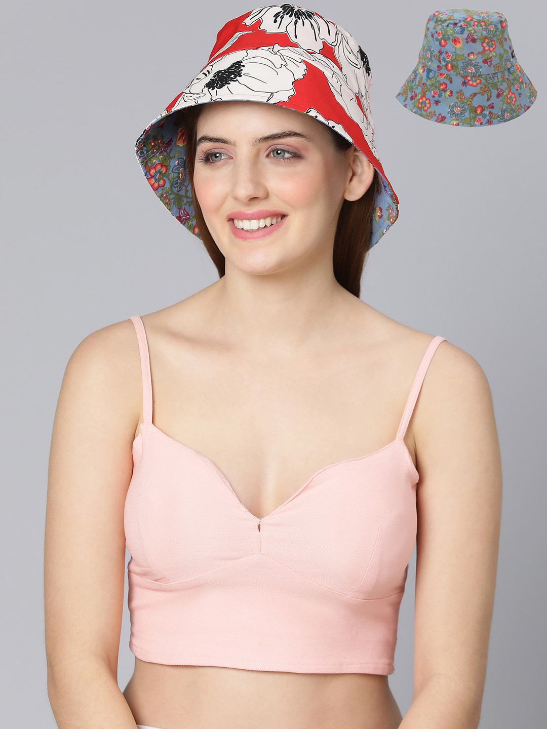 Oxolloxo Women Multi Colored Floral Printed Reversible Bucket Hat