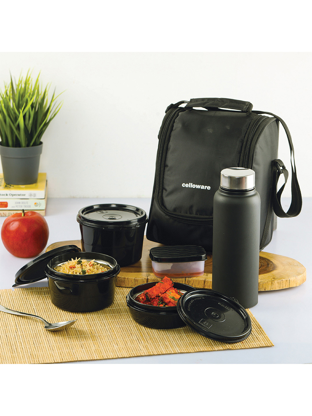 Cello Set Of 5 Black All In One Inner Steel Outer Plastic Lunch Box Set With Jacket