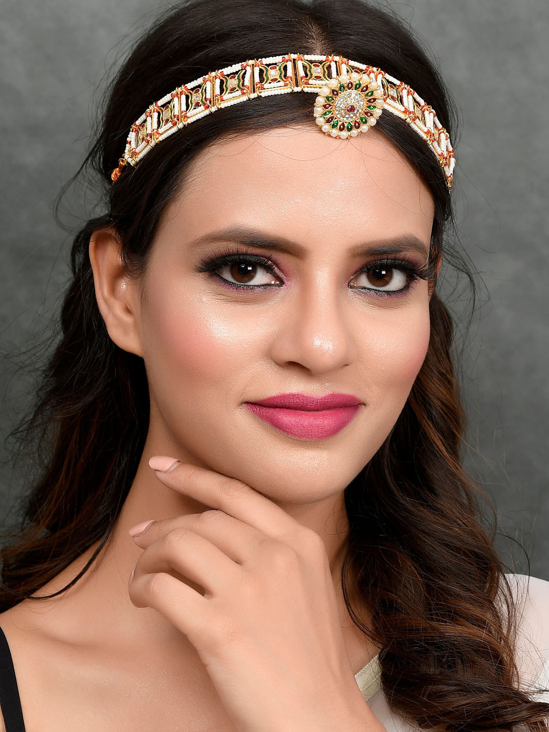 Silvermerc Designs Gold-Plated Green & White Kundan-Studded & Pearl Beaded Meenakari Mathapatti