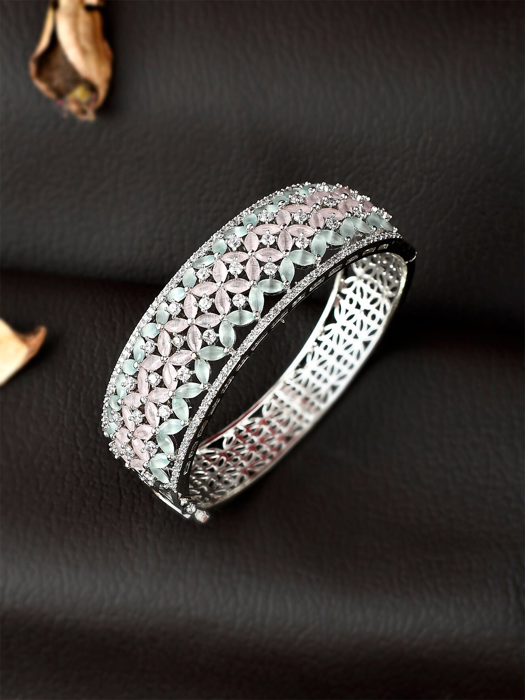 Silvermerc Designs Women Silver Plated Pink Brass American Diamond Bangle-Style Bracelet