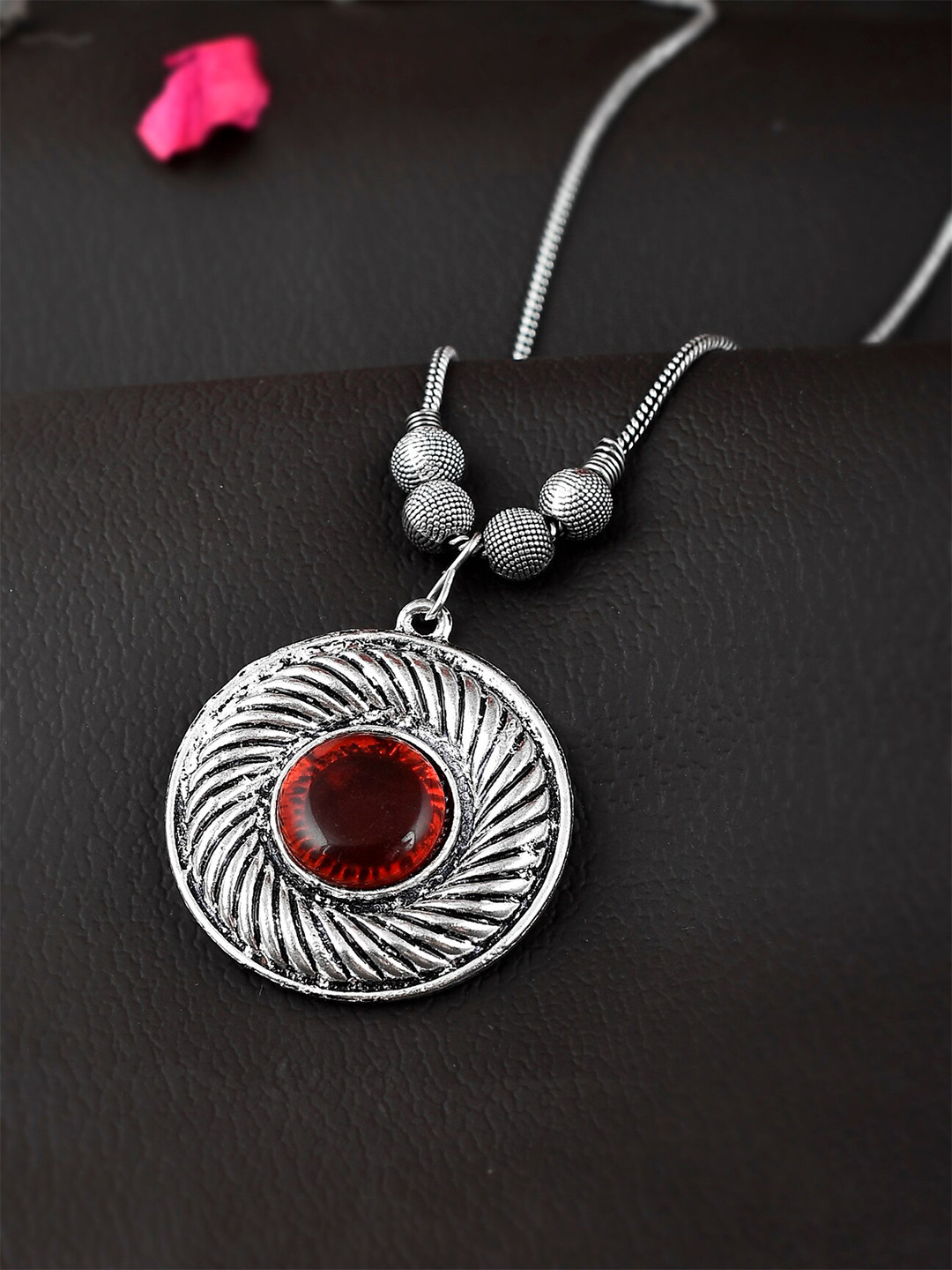 Silvermerc Designs Silver-Plated Oxidised Orange Stone Studded Circular Pendant Necklace