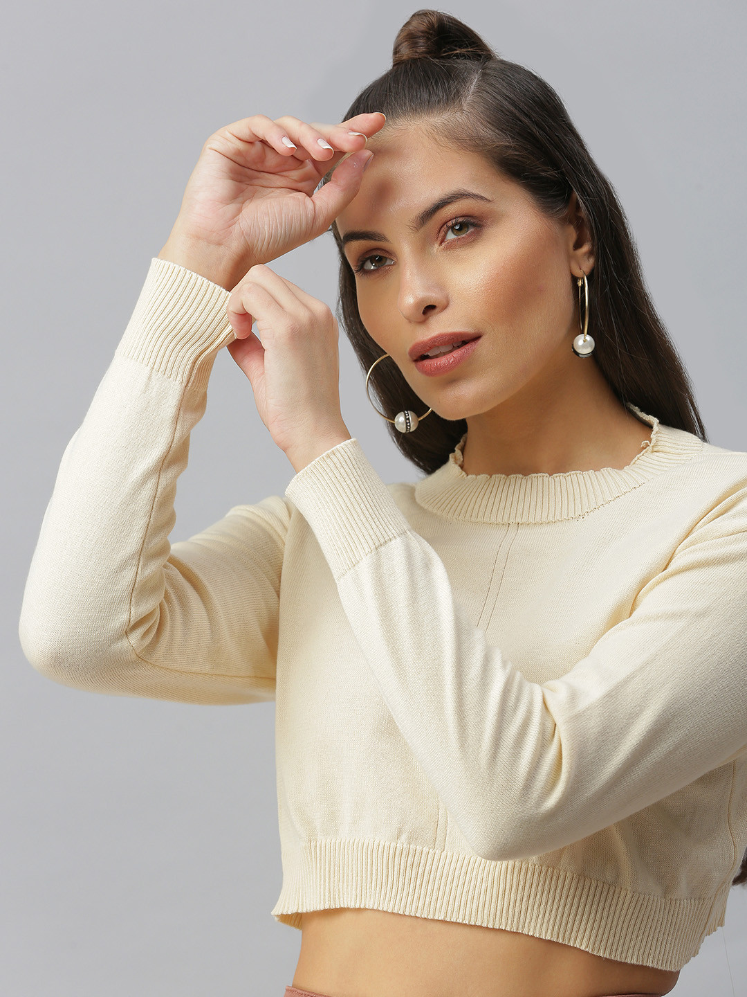 SHOWOFF Cream-Coloured Solid Crop Top