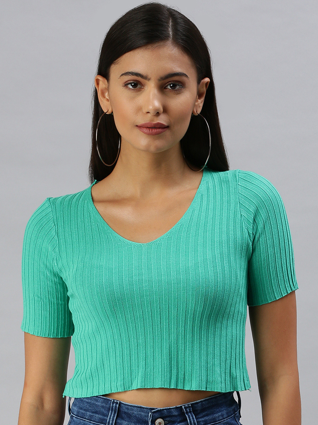 SHOWOFF Green Striped Crop Top