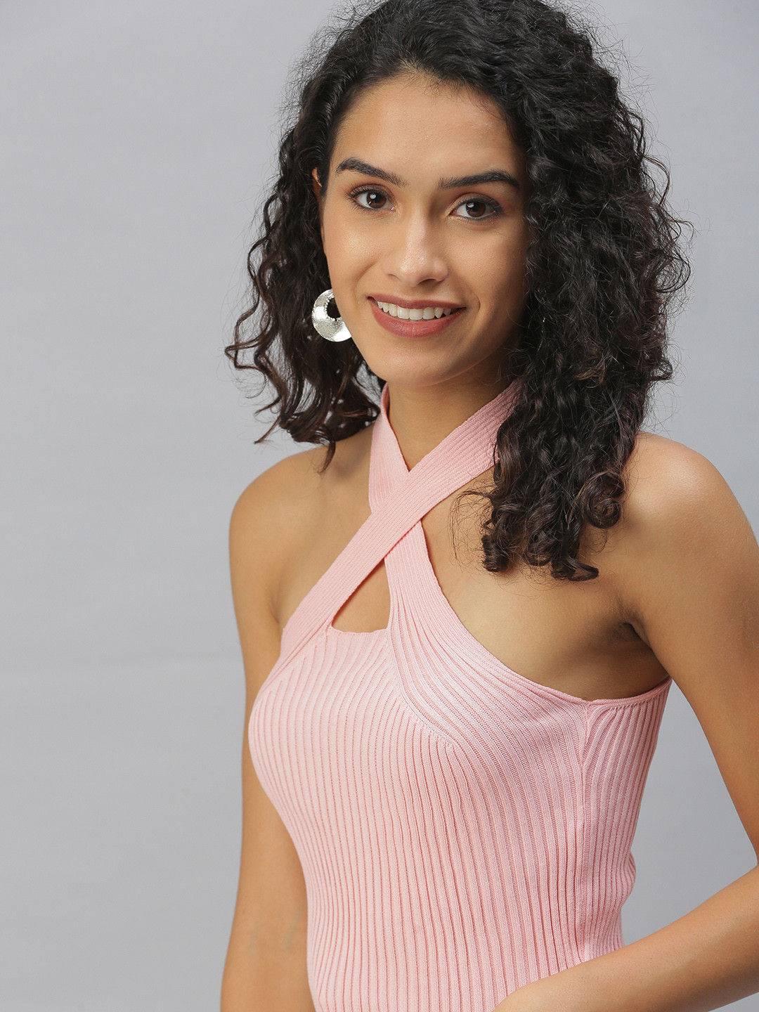 SHOWOFF Peach-Coloured Halter Neck Twisted Crop Top