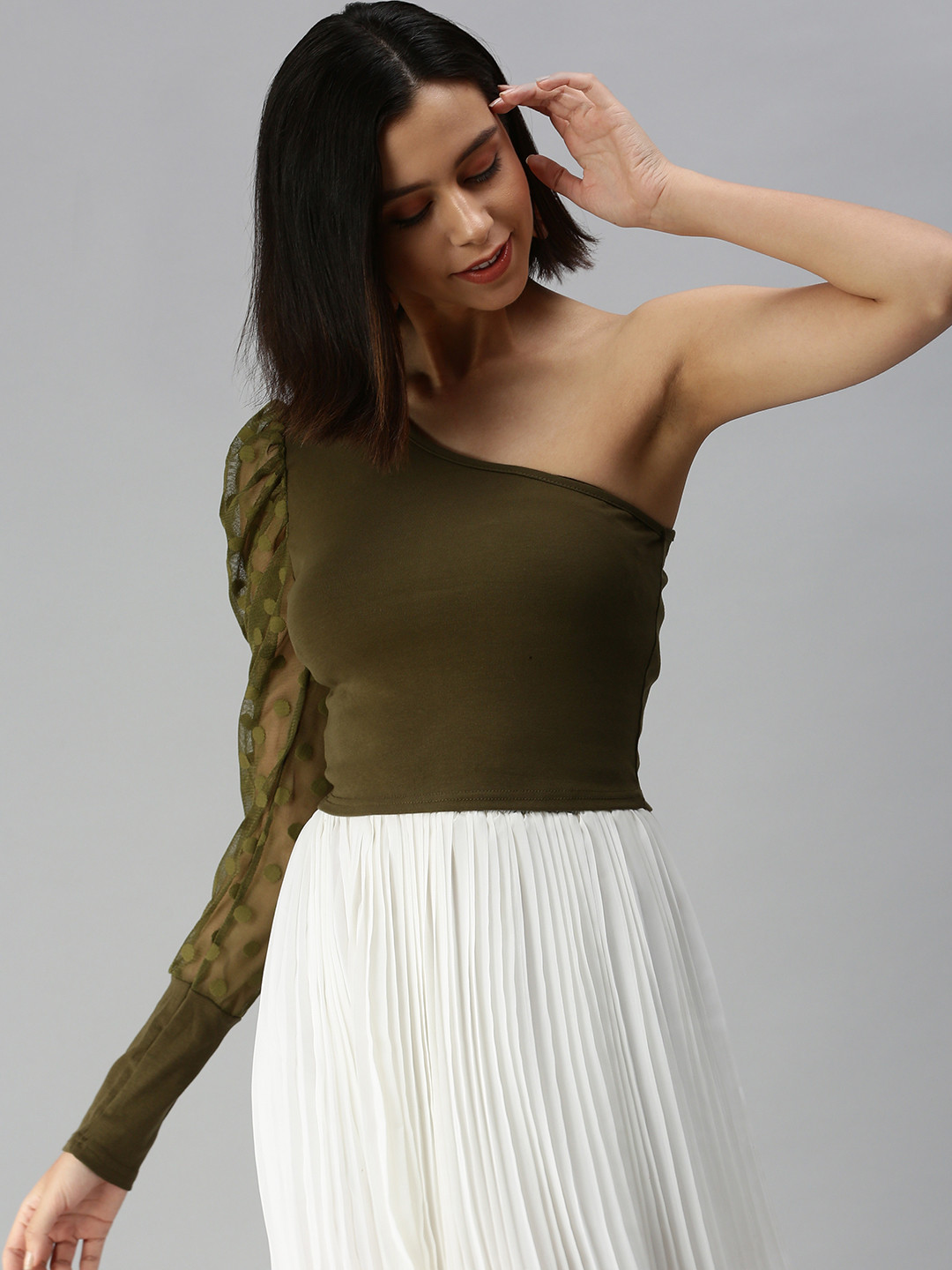 SHOWOFF Olive Green One Shoulder Net Top