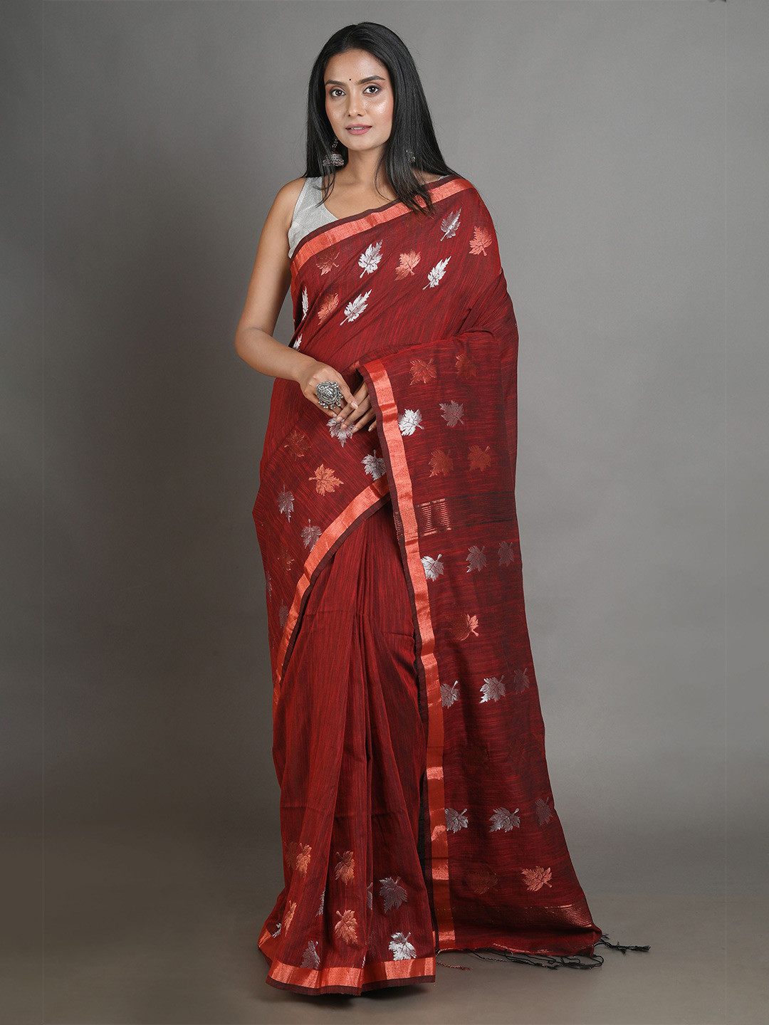 Arhi Red & Silver Woven Design Zari Pure Linen Saree