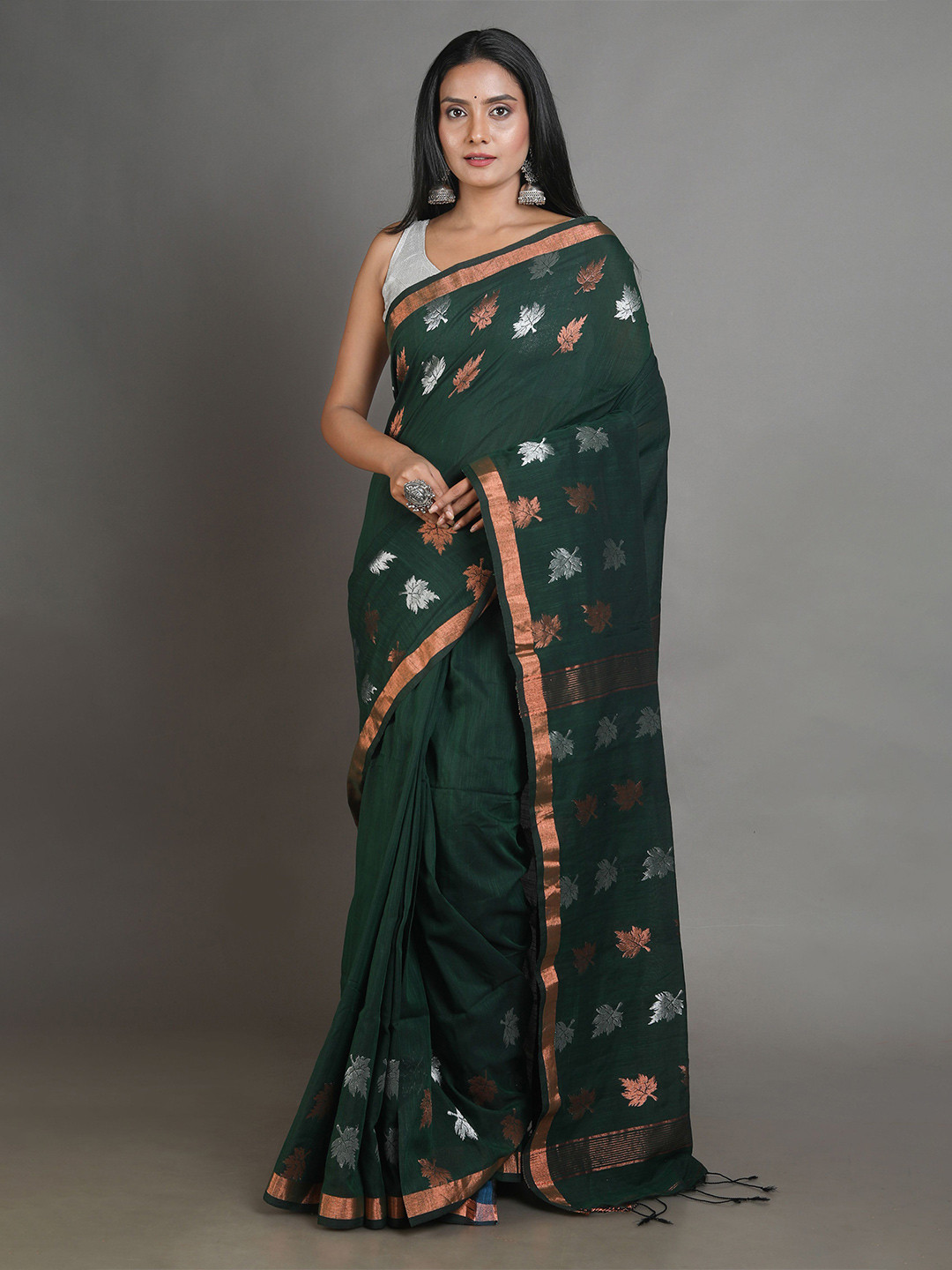 Arhi Green & Copper-Toned Woven Design Zari Pure Linen Saree