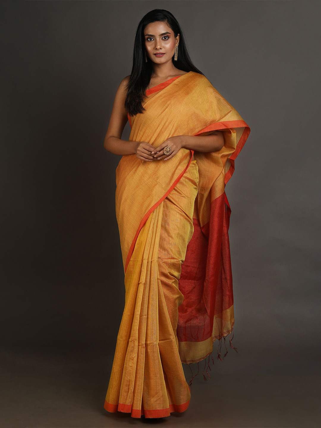Arhi Mustard & Red Colourblocked Tissue Saree