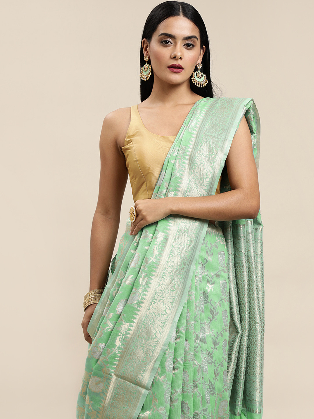 Saree Swarg Turquoise Blue & Silver Woven Design Linen Blend Banarasi Sarees