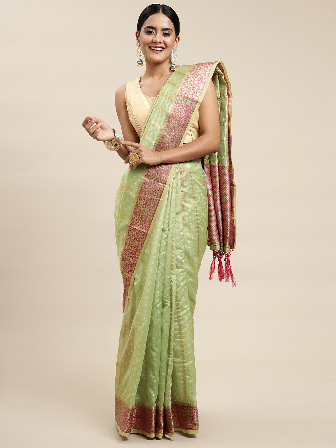Saree Swarg Green & Silveren Ethnic Motifs Organza Banarasi Sarees