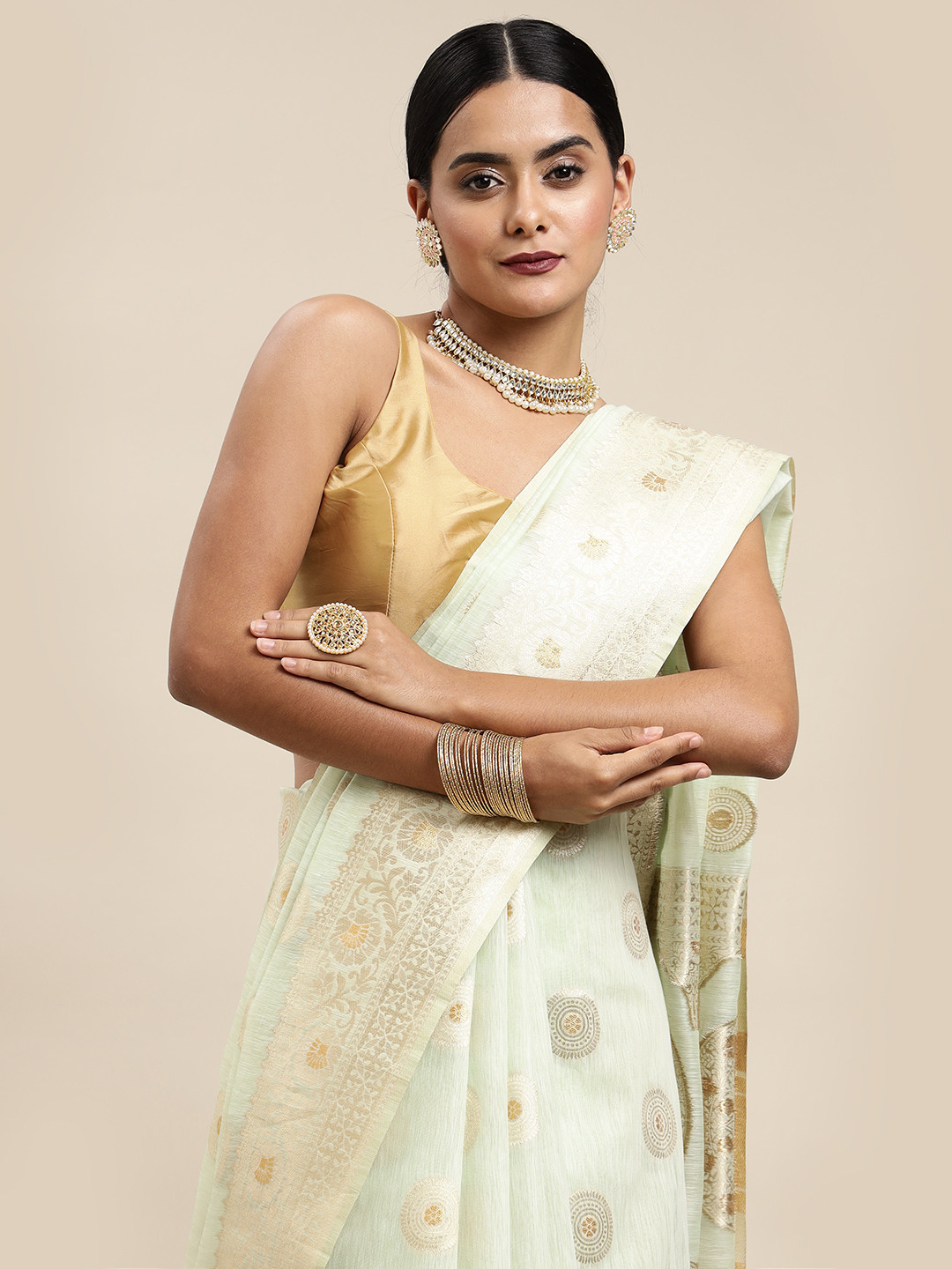 Saree Swarg Green & Golden Ethnic Motifs Woven Design Banarasi Sarees