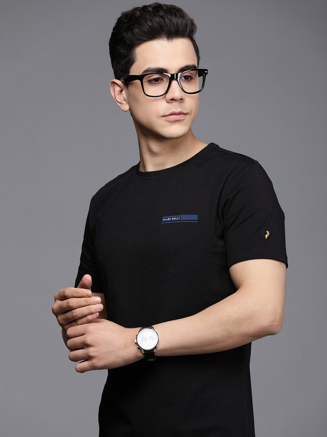 Allen Solly Men Black & Blue Brand Logo Printed Slim Fit Pure Cotton T-shirt