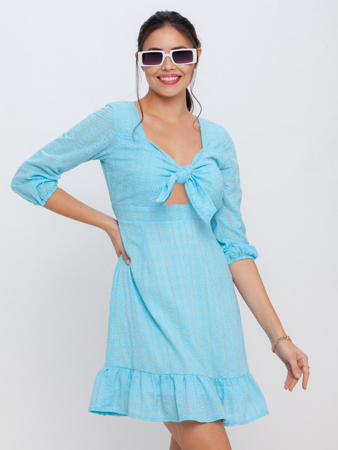zink Z Blue Solid Mini A-Line Dress
