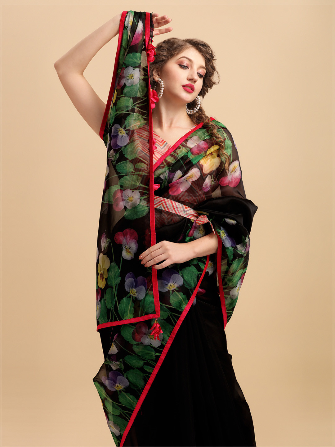 Sangria Black & Green Floral Beads and Stones Organza Saree