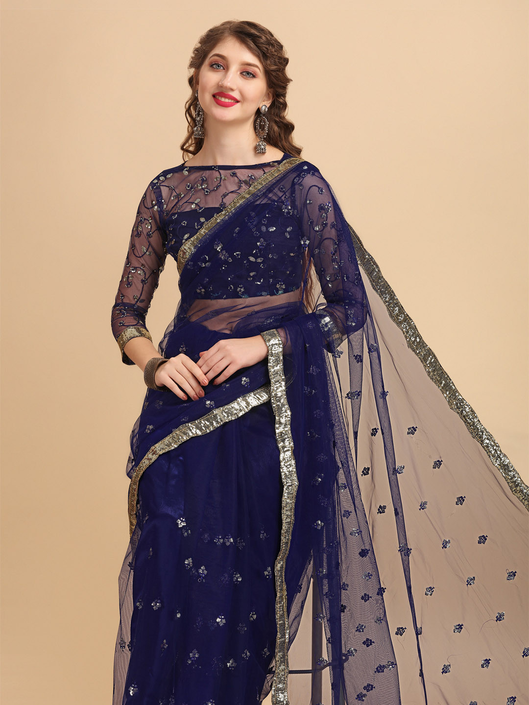 Sangria Navy Blue Embellished Net Saree