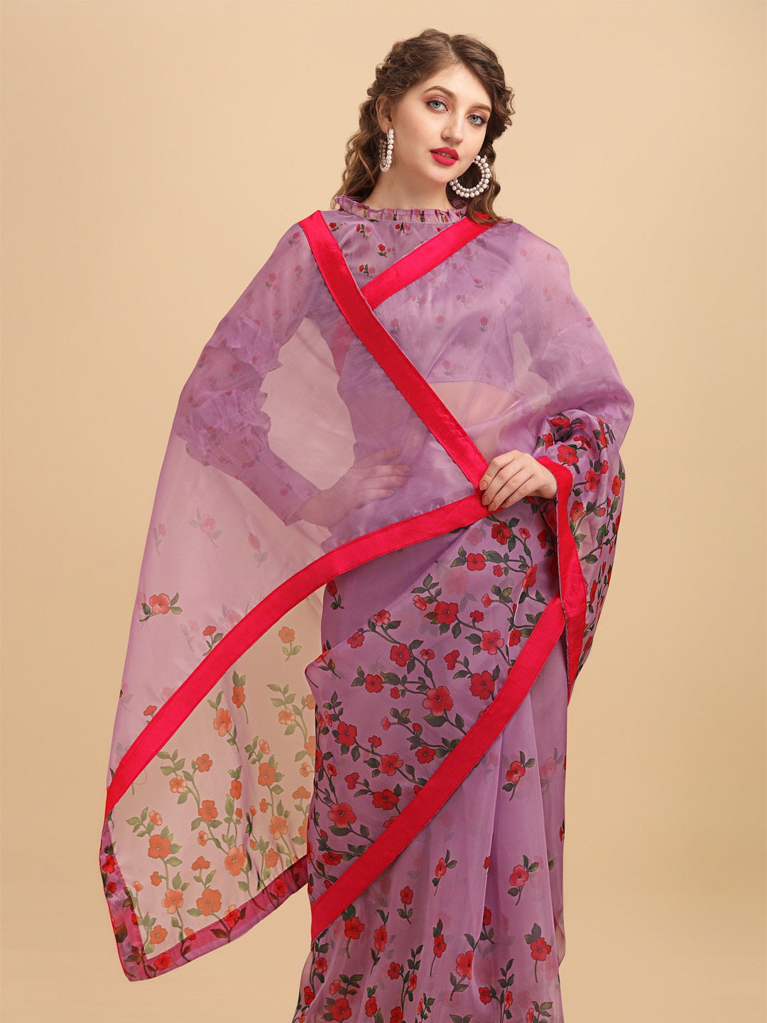 Sangria Lavender & Green Floral Organza Saree