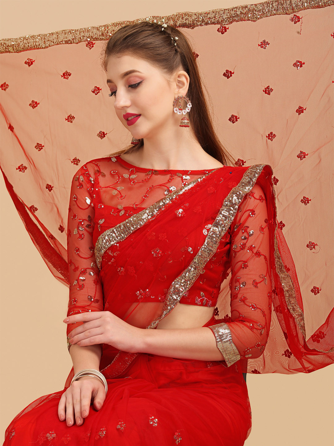 Sangria Red Embellished Net Saree