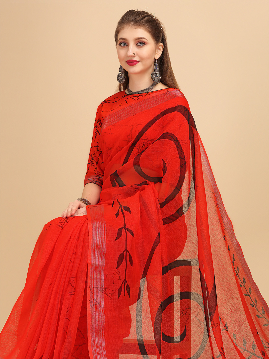 Sangria Red & Black Printed Zari Pure Linen Saree