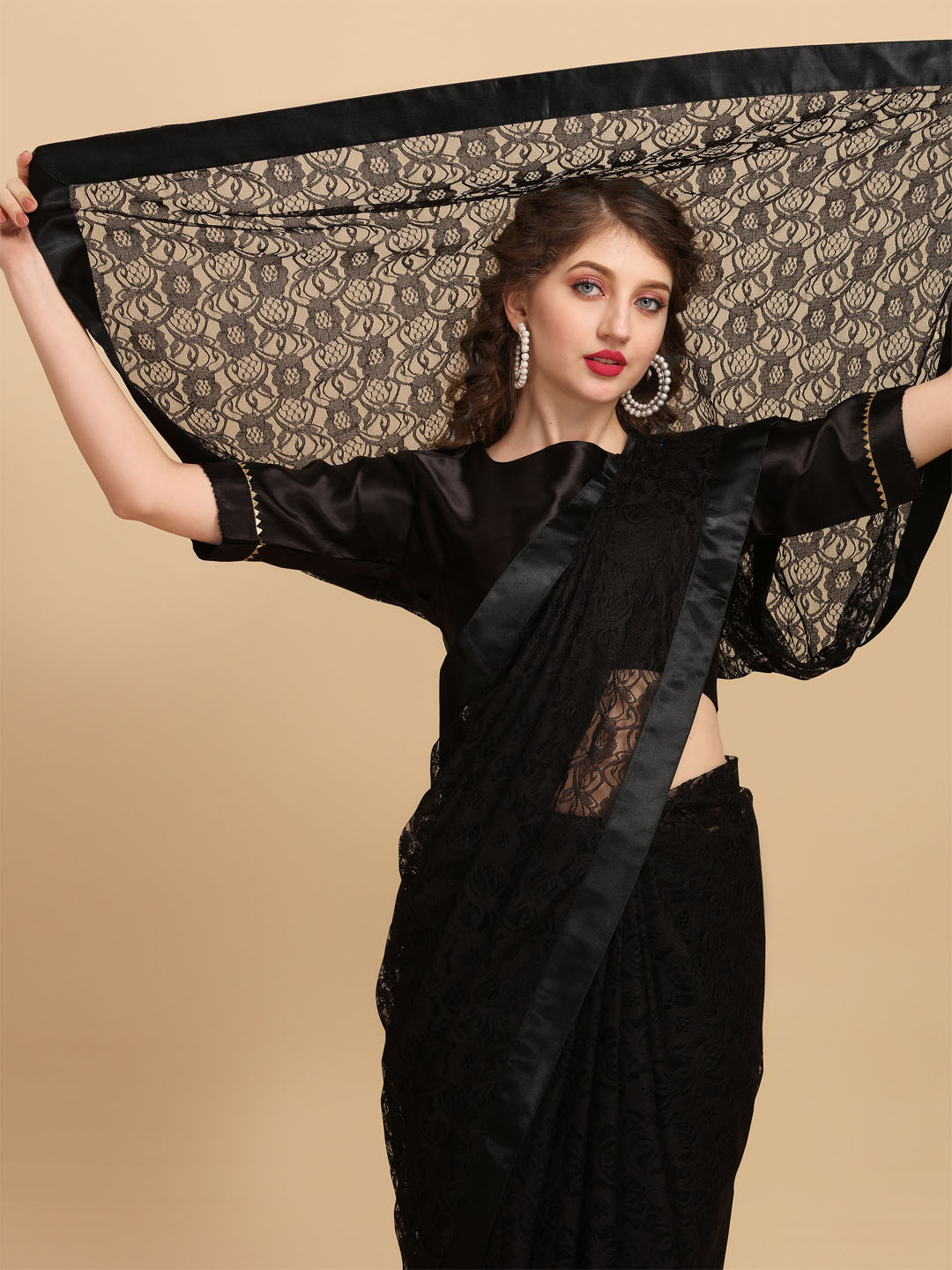 Sangria Black Batik Beads and Stones Lace Saree
