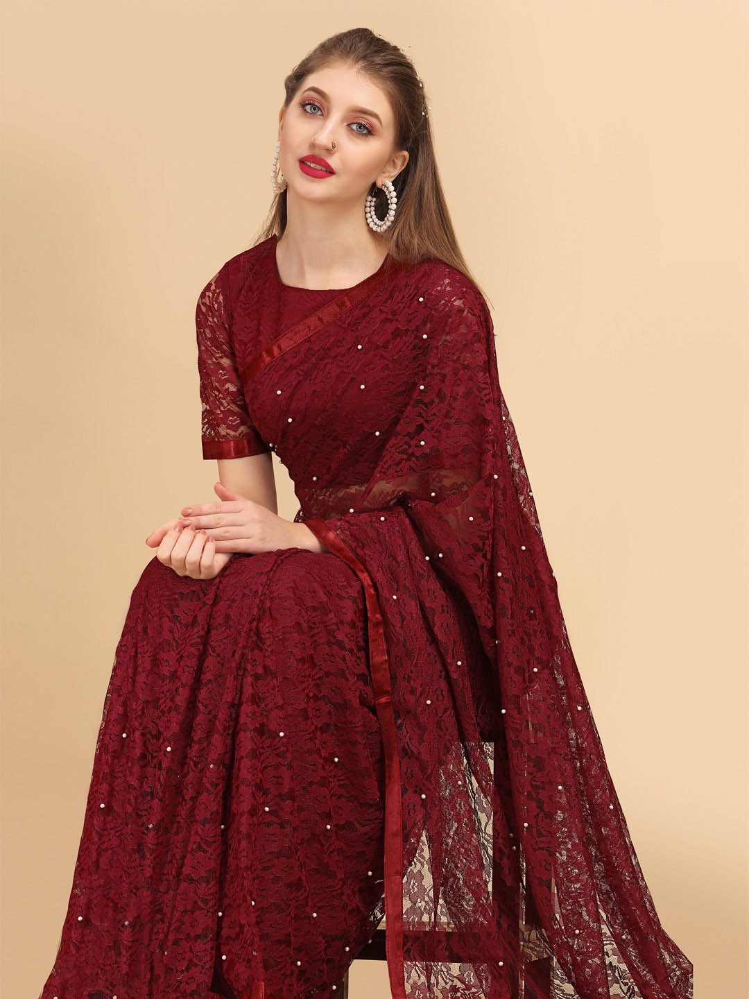 Sangria Maroon Floral Self Design Lace Saree